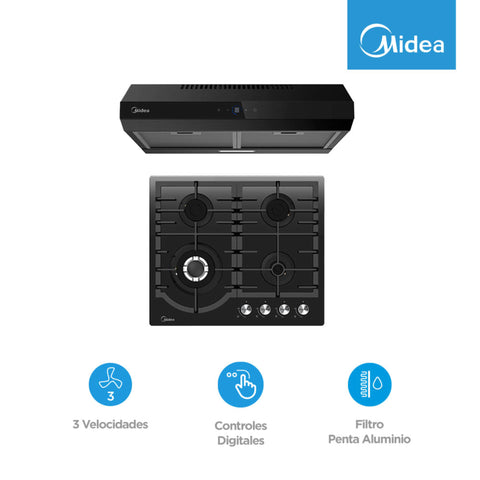 Combo Midea Parrilla 4 Quemadores Campana Extractora 24 Pulg