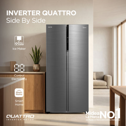 Refrigerador Midea Automático Side By Side Inverter Quattro Bru Steel 17 Pies Cúbicos con Wifi