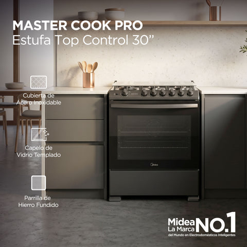 Estufa de piso Midea con capelo 30¨ MASTER COOK Pro Dark Inox